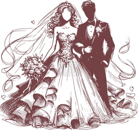 Braut und Bräutigam mit Blumenstrauß stehen bei ihrer Hochzeitsvektorzeichnung nebeneinander
