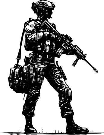 Ilustración de Soldado femenino en equipo moderno con una ametralladora en sus manos vector dibujo - Imagen libre de derechos