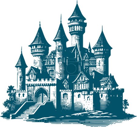 engraving drawing of an ancient stone castle with towers in a vector stencil drawing