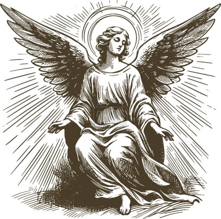drawing of a heavenly angel in rays of light sitting on a stone in a vector engraving