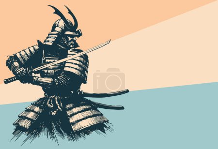 Japanese warrior in armor and sword in a fighting stance monochrome vector drawing on the background