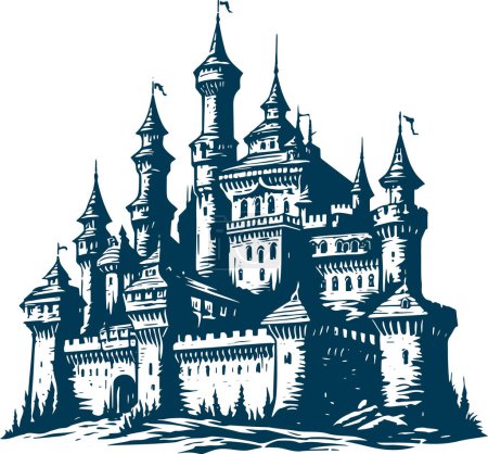 Téléchargez les illustrations : Grand château ancien en pierre avec tours et drapeaux dessin au pochoir vectoriel - en licence libre de droit
