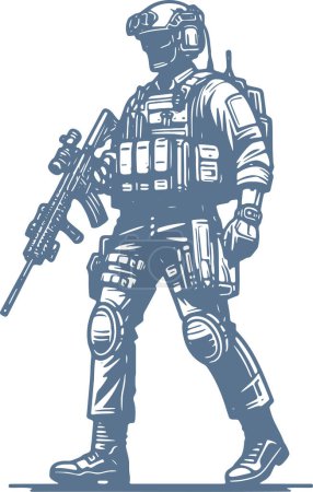 Téléchargez les illustrations : Soldat moderne tenant une mitrailleuse avec un dessin vectoriel à la main - en licence libre de droit