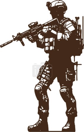 moderner Soldat bereitet sich auf das Abfeuern aus einer Maschinengewehrvektorzeichnung vor