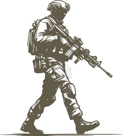 moderner Soldat mit Waffe in der Hand geht nach vorne Vektorzeichnung