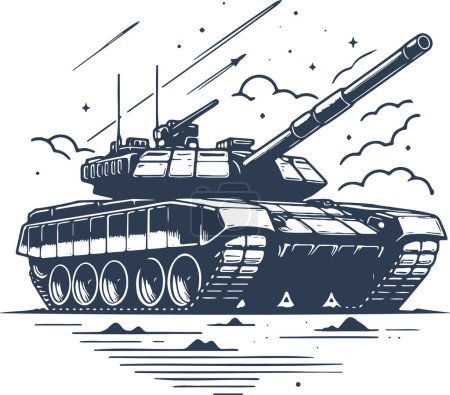 moderno tanque de orugas con barril elevado en ilustración vectorial monocromo