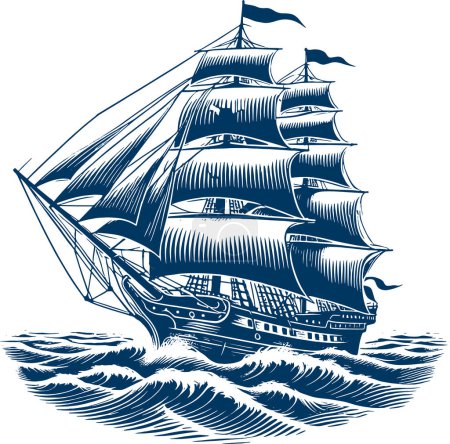 Old-fashioned wooden sailing vessel voyaging across waves vector crosshatch sketch