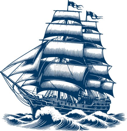 Old wooden sailboat sailing on waves vector crosshatch illustration