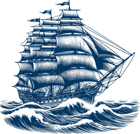 Old-fashioned wooden sailboat sailing across waves vector stipple illustration