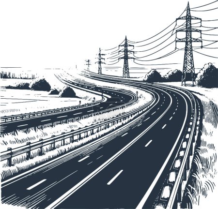 línea eléctrica que corre a lo largo de la carretera más allá del horizonte en un dibujo de plantilla vectorial