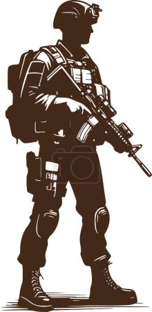 Soldat steht mit Maschinengewehr einfache monochrome Vektorzeichnung