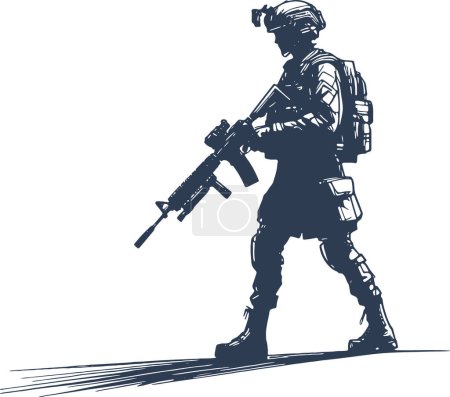 soldier with a machine gun at the ready vector monochrome drawing