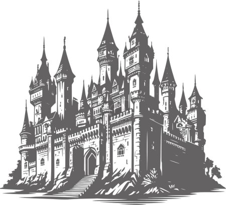 Téléchargez les illustrations : Ancien château en pierre avec des araignées sur les tours dans un dessin vectoriel monochrome - en licence libre de droit