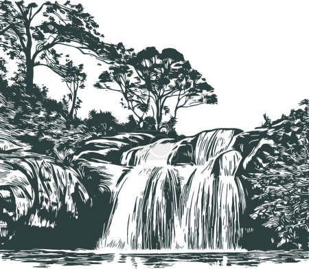 stencil vector drawing with a small forest waterfall