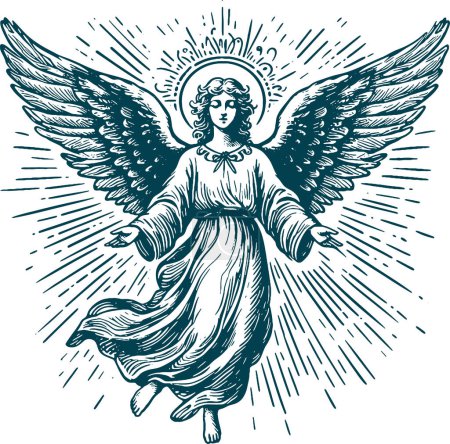 Schablonenvektorzeichnung mit einem Engel, der in Lichtstrahlen vom Himmel herabsteigt
