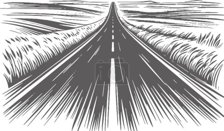 straight automobile asphalt road going to the horizon through a field in a vector stencil drawing