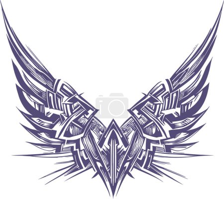 Téléchargez les illustrations : Tatouage d'ailes tranchantes tendues dans un dessin de pochoir vectoriel - en licence libre de droit