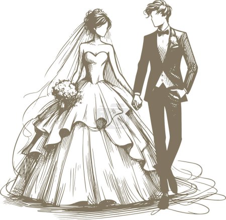 el novio en un traje y la novia en un exuberante vestido de novia vector de dibujo
