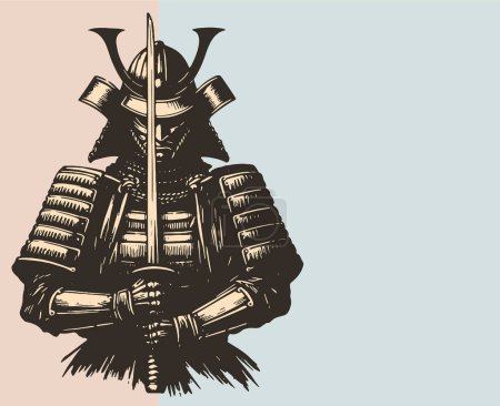 Ilustración de Guerrero japonés tradicional en armadura con espada levantada en la boca vector fondo - Imagen libre de derechos