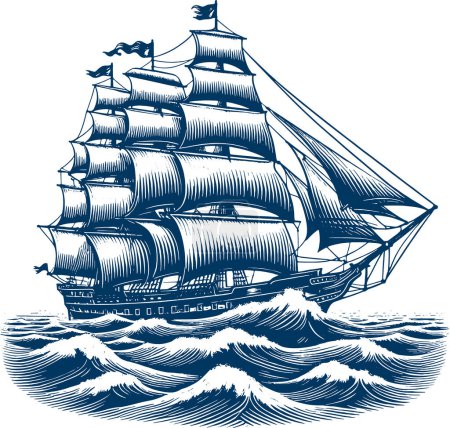 Traditional wooden sail vessel sailing on waves vector crosshatch illustration