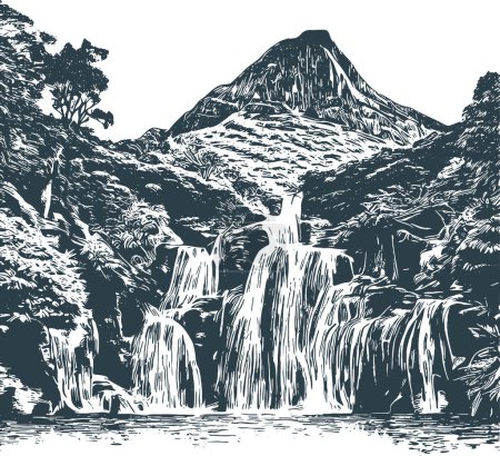 waterfall in the forest against the backdrop of a large mountain on the horizon in a vector hand-drawn engraving