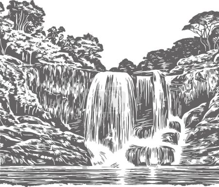 Wasserfall im Wald in Vektor-Schablonenzeichnung