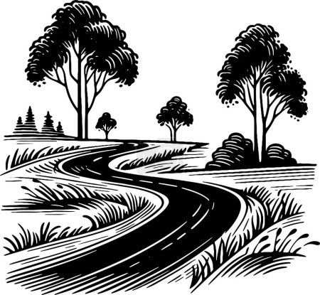 winding asphalt road going between trees in a simple vector stencil illustration
