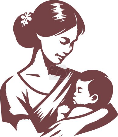 woman hugging her baby in simple vector illustration