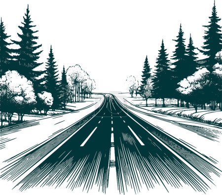 an asphalt road leading to the horizon passes through a forest in a vector stencil drawing