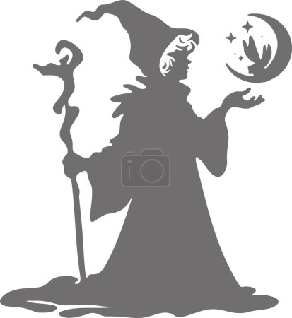 an evil witch with a stick casts a spell in a simple vector art stencil