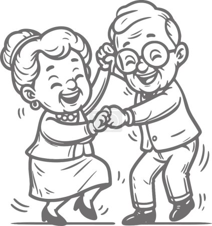 couple of elderly people having fun together dance and have fun contour vector drawing coloring book