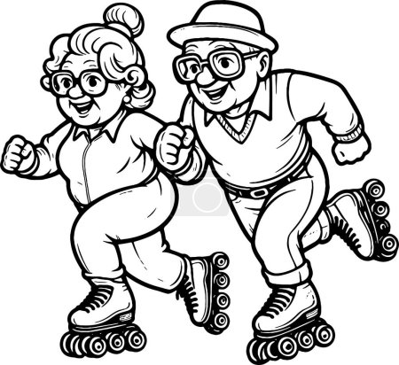 couple âgé s'amuser ensemble par patinage à roulettes vectoriel art dessin coloriage livre
