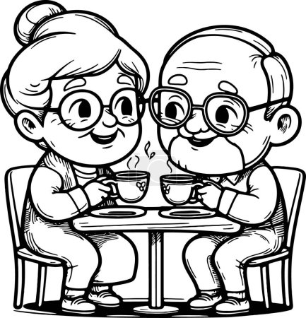 couple de personnes âgées passer un bon moment ensemble boire du thé à une table vecteur dessin livre de coloriage