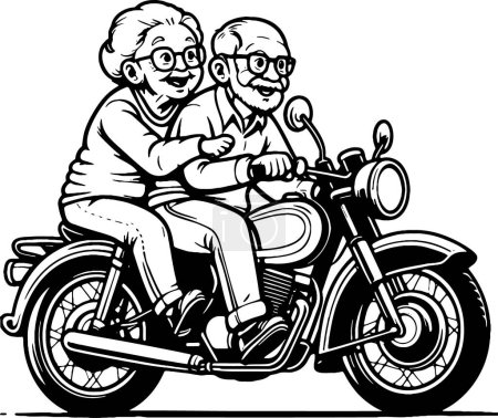 couple âgé chevauchant une moto dans l'illustration vectorielle de livre de coloriage