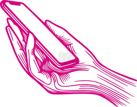 female hand holds a phone on the palm in a vector line drawing
