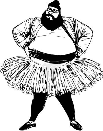 Téléchargez les illustrations : Drôle homme en surpoids dans un chapeau et une barbe portant une jupe de ballet dessin vectoriel croquis - en licence libre de droit