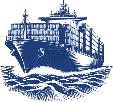 Ilustración de Gran barco portacontenedores navegando en el grabado vectorial del mar - Imagen libre de derechos