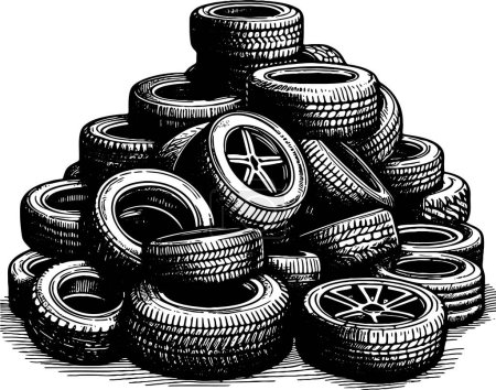 many car wheels and tires lie in a heap in a vector stencil drawing