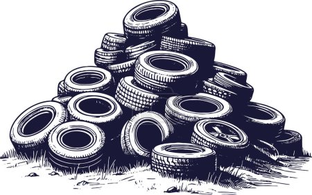 mountain of old car tires in stencil vector illustration