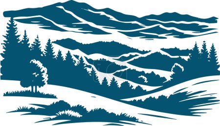 Foto de Plantilla vectorial simple dibujo de un paisaje con un bosque en las colinas y altas montañas en la distancia - Imagen libre de derechos