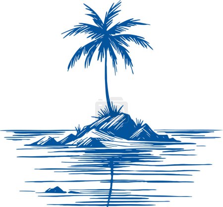 small lonely island with one palm tree in stencil vector illustration