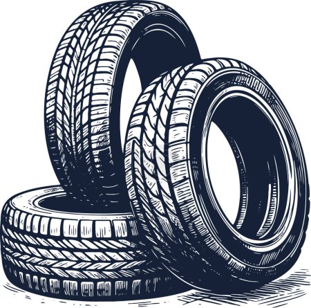 three tires from a passenger car in a vector stencil art drawing