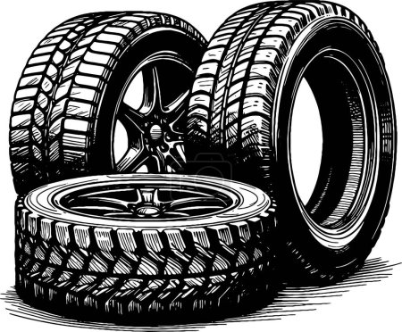 two car wheels and a tire in a vector stencil drawing