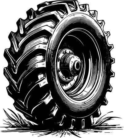 tractor wheel stands in the mud in a vector stencil illustration