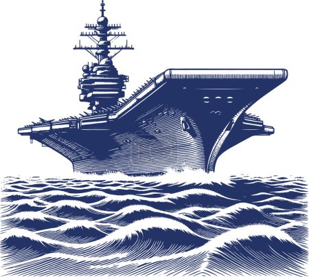 vector monochrome engraving of a large aircraft carrier sailing on the sea