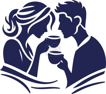 young couple drinking coffee together in a simple stencil vector illustration