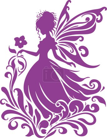 Illustration for Vector stencil art drawing of a fairy with wings holding a flower in her hand - Royalty Free Image