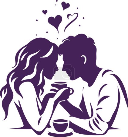young couple in love sitting at the table drinking from the same cup vector stencil drawing