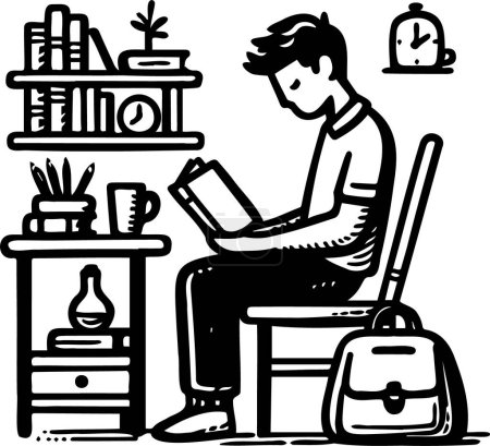 a schoolboy doing his homework at home sitting on a chair at the table reading a book he holds in his hands vector drawing coloring book