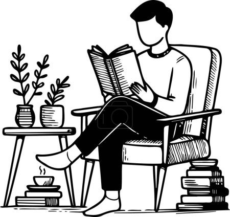 un hombre se sienta en su silla favorita y lee un libro que lo sostiene en sus manos vector arte dibujo libro para colorear